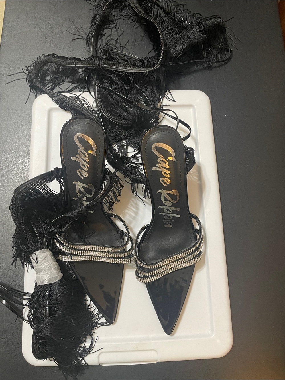Cape Robbin Black Pointed Toe Heels w Rhinestone Straps & Fringe Ties Sz. 11